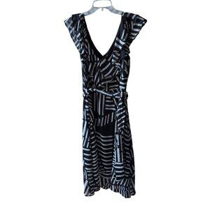 DKNY Black & White Striped Midi Dress • Size 12 • Modern Chic